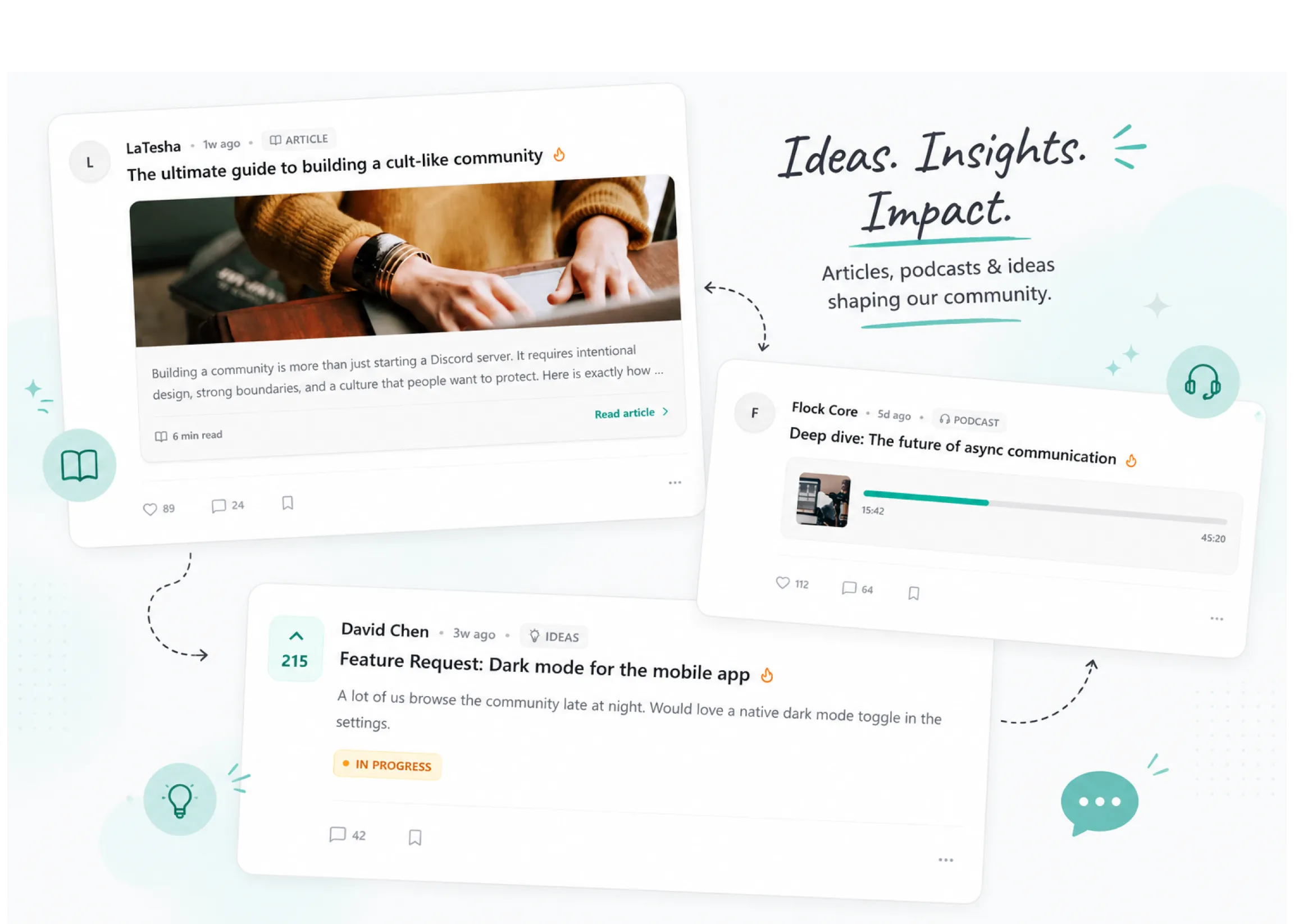 Main Feed showing different post types (Polls, Long-form, Audio, Threads)